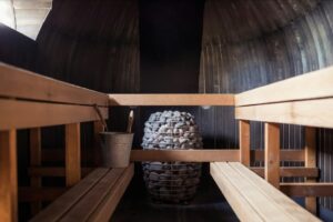 Inside a sauna.